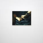 painting of hands sitting in a lap making fists