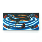 painting of a snake with 4 guns pointing at it and a dead mouse
