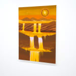 golden painting of a waterfall on a moutnain with a sun above