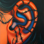 painting of an ear with barbed wire running along it