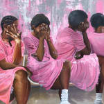 painting of 4 women in pink covering their faces