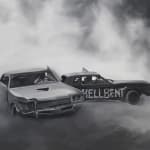 black and white painting of two cars crashing with smoke around them
