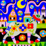 stained glass artwork with a dog and a castle