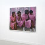 painting of 4 women in pink covering their faces