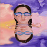 painting of a girl emerging her head from the water, wearing goggles