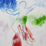 abstract painting of a figure falling in red, blue and green