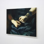 painting of hands sitting in a lap making fists