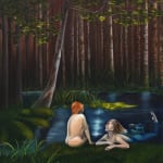 painting of two women in a pond in a forest