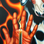 painting of a dalmation with 3 floating hands each holding a canddle or a cigarette