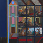 painting of a house looking into each room filled with people