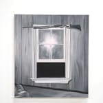 black and white painting of a gun hung above a window