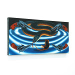 painting of a snake with 4 guns pointing at it and a dead mouse