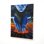 painting of a blue man stcking his hands into a volcano