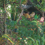 plein air painting of an overgrown backyard