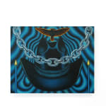 painting of a blue cowboy hat, 2 candles, a chain and an eagle