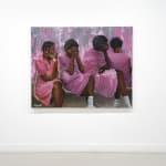 painting of 4 women in pink covering their faces