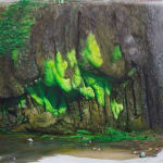 painting of a creek with moss growing around the cement