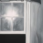 black and white painting of a gun hung above a window