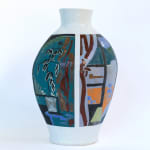 painted ceramic vase with windows and bedroom scenes