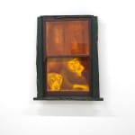 painting of a kid looking out of a window with their dog