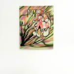abstract painting of flowers: pink, green and orange