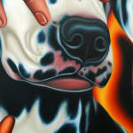 painting of a dalmation with 3 floating hands each holding a canddle or a cigarette