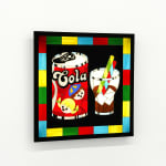 stained glass lightbox of a coca cola can and a glass with straws