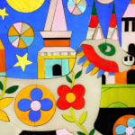 stained glass artwork with a dog and a castle