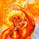 abstract orange painting of a woman