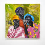 painting of three men in colorful shirts smoking a cigar