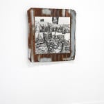black and white painting collage on canvas mounted on metal
