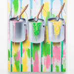 painting of 3 paint buckets and a white picket fence