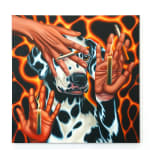 painting of a dalmation with 3 floating hands each holding a canddle or a cigarette
