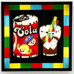 stained glass lightbox of a coca cola can and a glass with straws