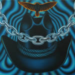 painting of a blue cowboy hat, 2 candles, a chain and an eagle