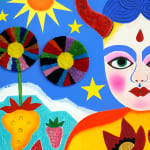 painting of a girl with devil horns holding a strawberry