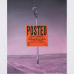 purple painting of a small man installing a large posted no trespassing sign in an empty field