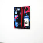 abstract black and red fabric stretched on bars withe a photo of a dog