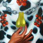 painting of a hand grabbing golden balls on a chain, dalmation pattern and tomatos in the background