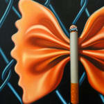 painting of a pasta bowtie with a cigarette in the middle
