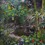 plein air painting of an overgrown backyard