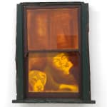 painting of a kid looking out of a window with their dog