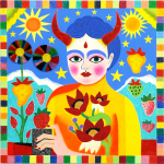 painting of a girl with devil horns holding a strawberry
