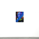 abstract fabric piece with blue, purple, green red and black