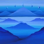 blue paintings on mountain landcape with moons above it