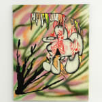 abstract painting of flowers: pink, green and orange