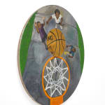 circular painting of 3 kids playing basketball by jonah elijah