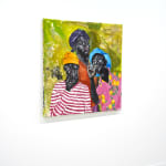 painting of three men in colorful shirts smoking a cigar