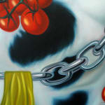 painting of a hand grabbing golden balls on a chain, dalmation pattern and tomatos in the background