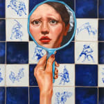 painting of a girls face reflected in a hand mirror